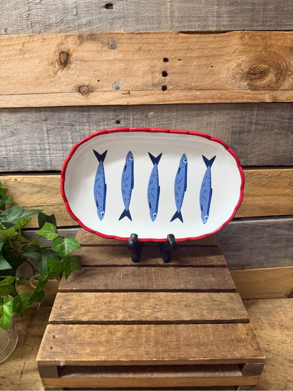 Hobby Lobby White Ceramic Platter with Red Rim and Blue Fish